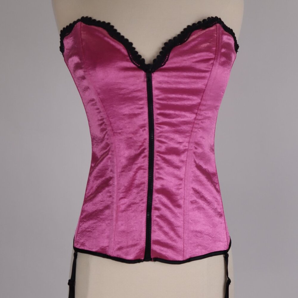 Frederick's of Hollywood Shiny Metallic Satin Pink Corset Bustier Garters Bra XL